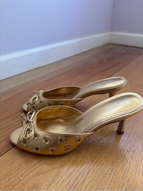 Larroude Shoes - Larroude Gold Open-Toe Heeled Mules with Floral Studs